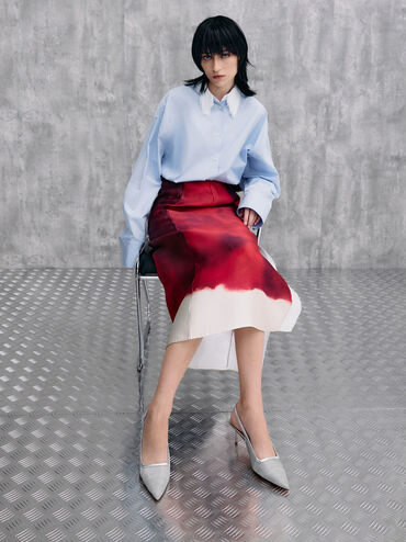 Mesh & Lace Pointed-Toe Slingback Pumps, Silver, hi-res