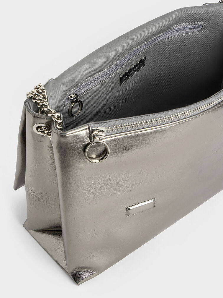 Sianna Metallic Crinkle-Effect Chain-Handle Shoulder Bag, Pewter, hi-res