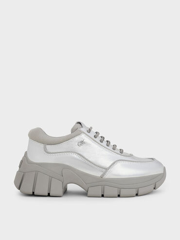 Yunna Metallic Leather & Recycled Fabric Chunky Sneakers, Silver, hi-res