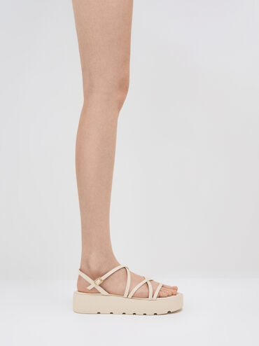 Strappy Ridged-Sole Flatform Sandals, Chalk, hi-res