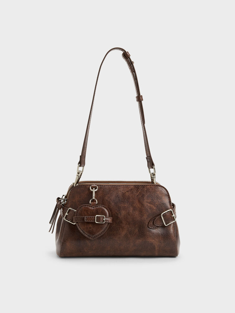 Nellie Heart-Charm Shoulder Bag, Distressed Coffee, hi-res