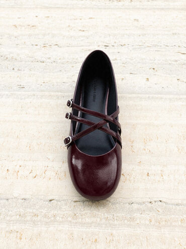 Patent Triple-Strap Crossover Mary Jane Flats, Burgundy, hi-res