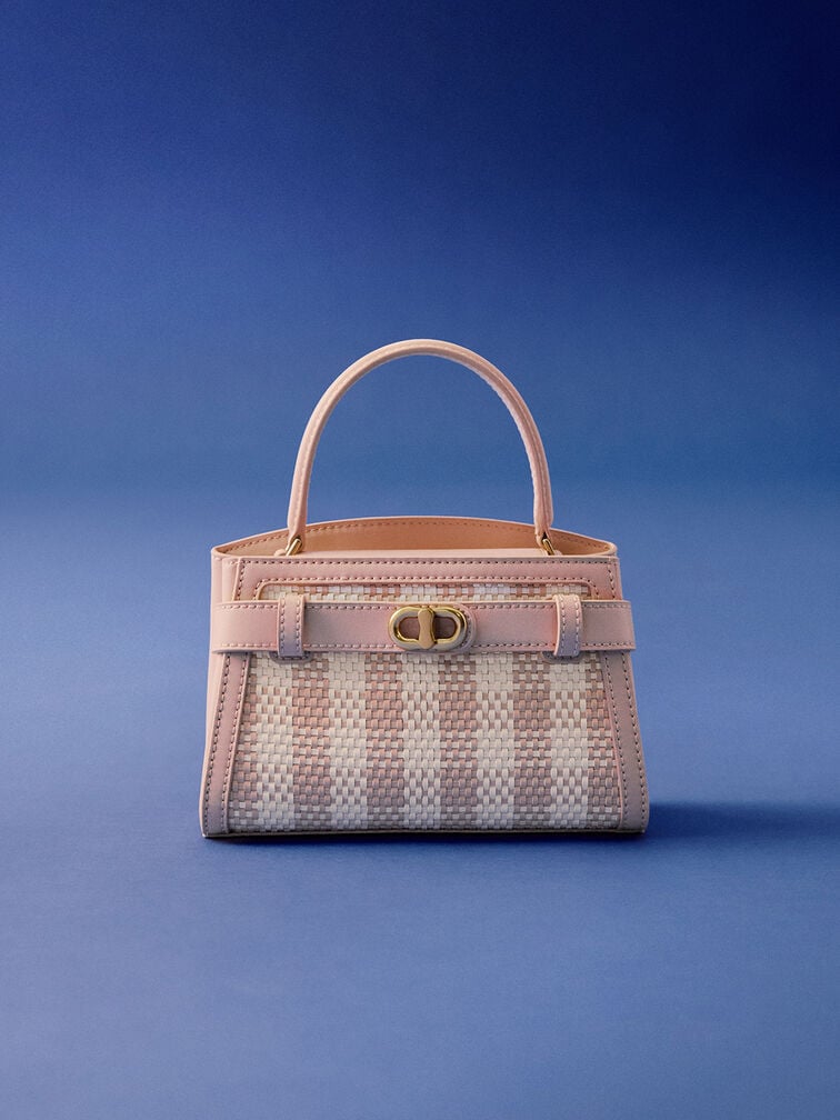 Aubrielle Checkered BeltedTop Handle Bag, Light Pink, hi-res