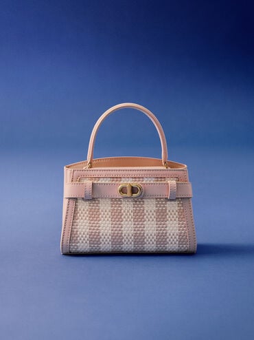 Aubrielle Checkered BeltedTop Handle Bag, Light Pink, hi-res