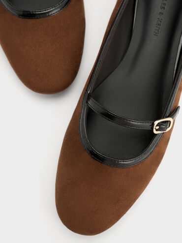 Faux Suede Contrast-Trim Buckle-Strap Mary Janes, Brown, hi-res