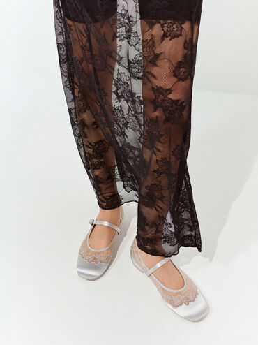 Satin Embroidered-Mesh Mary Jane Flats, Silver, hi-res