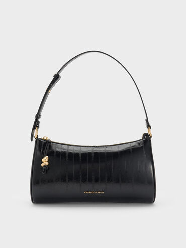 Augustine Eel-Effect Sculptural-Detail Shoulder Bag, Black, hi-res