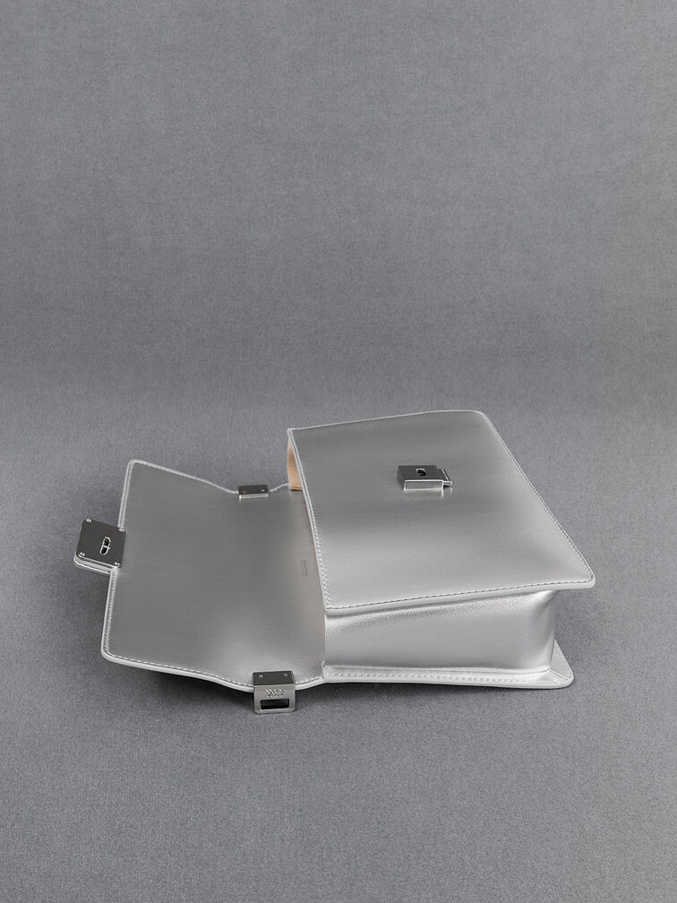 Metallic Leather Shoulder Bag, Silver Metallic Leather Shoulder Bag, Silver, hi-res