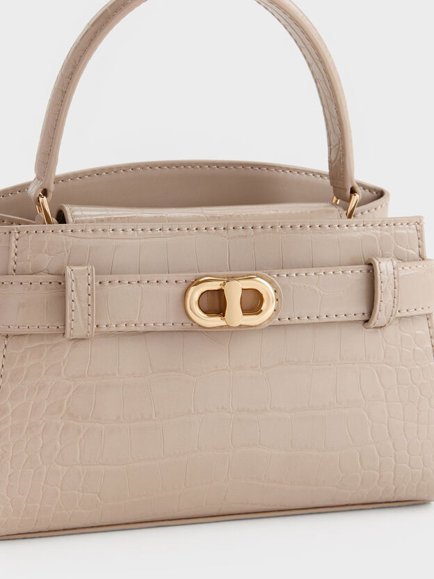 Aubrielle Croc-Effect Belted Top Handle Bag, Taupe, hi-res