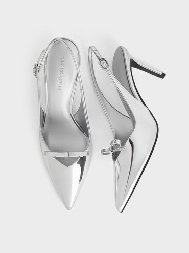 Metallic Bow Slingback Pumps, Silver, hi-res