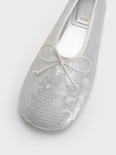 Sequin Mesh & Leather Bow Ballet Flats, Silver, hi-res