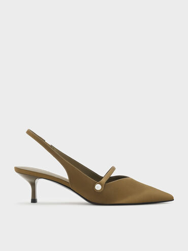 Helena Satin Pearl Slingback Kitten Heels, Olive, hi-res