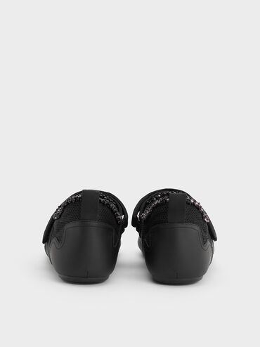 Mesh Pearl-Embellished Mary Jane Sneakers, Black Textured, hi-res