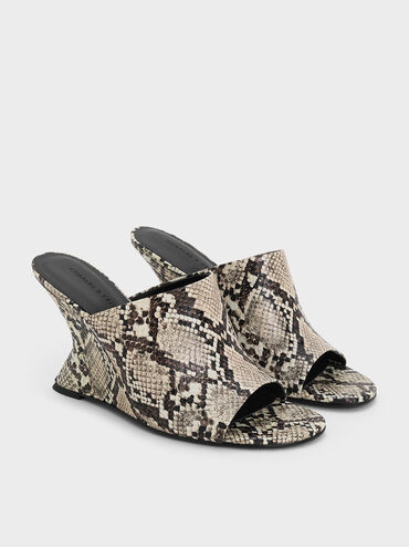 Snake-Print Wide-Strap Sculptural-Heel Wedges, Animal Print Natural, hi-res