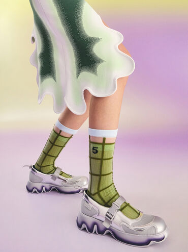 Mesh Gradient Wave Mary Jane Sneakers, Silver, hi-res