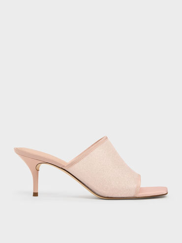 Glittered Mesh Heeled Mules, Pink, hi-res