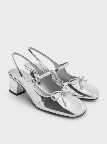 Metallic Bow Crystal-Pearl Slingback Mary Jane Pumps, Silver, hi-res