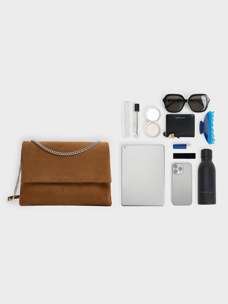 Sianna Recycled Suede Chain-Handle Shoulder Bag, Sienna Brown, hi-res