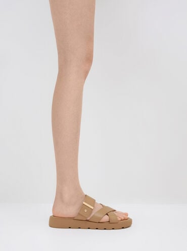 Metallic-Accent Crossover-Strap Slide Sandals, Taupe, hi-res