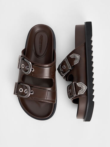 Kirke Buckled Double-Strap Sandals, Dark Brown, hi-res