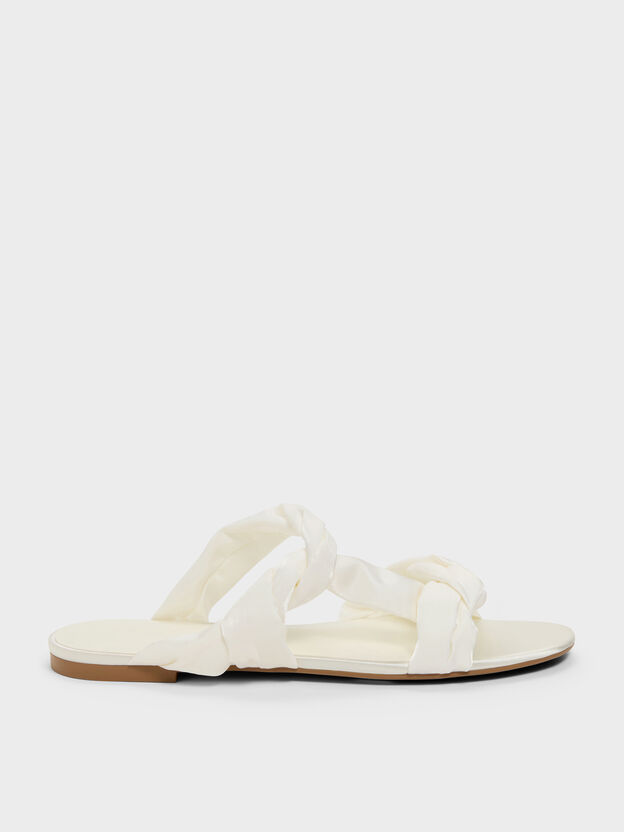 Ruched-Strap Slide Sandals, White, hi-res