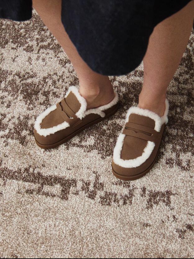 Furry Flatform Mules, Brown, hi-res