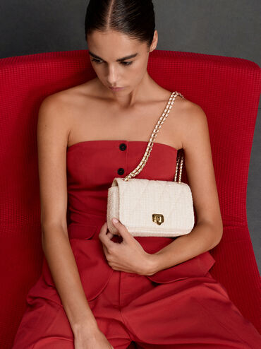 Arwen Tweed Diamond-Quilt Braided-Strap Shoulder Bag, Cream Tweed, hi-res