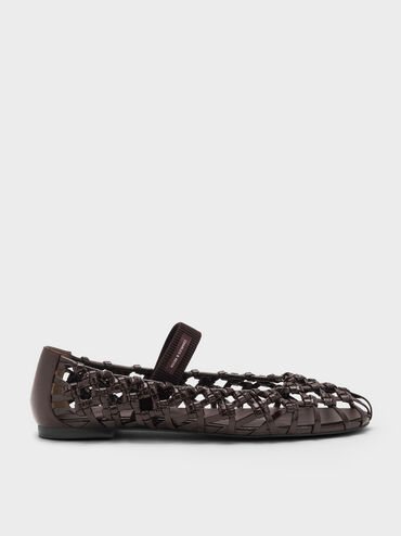 Woven Mary Jane Flats, Burgundy, hi-res
