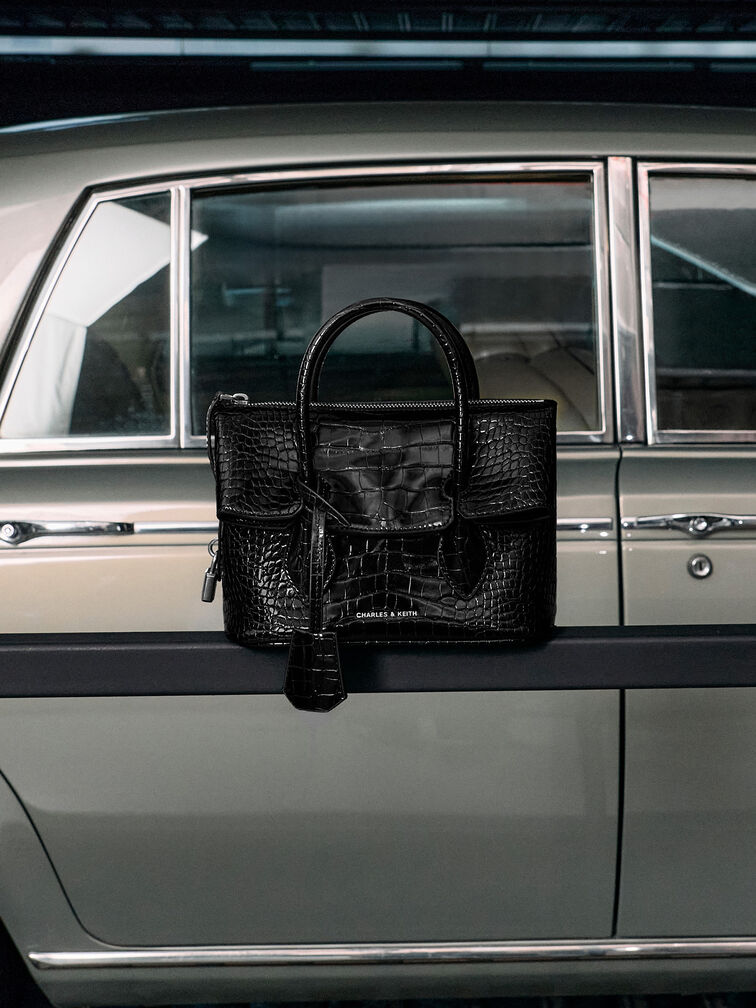 Aveline Croc-Effect Front-Flap Crossbody Bag, Black Croco, hi-res