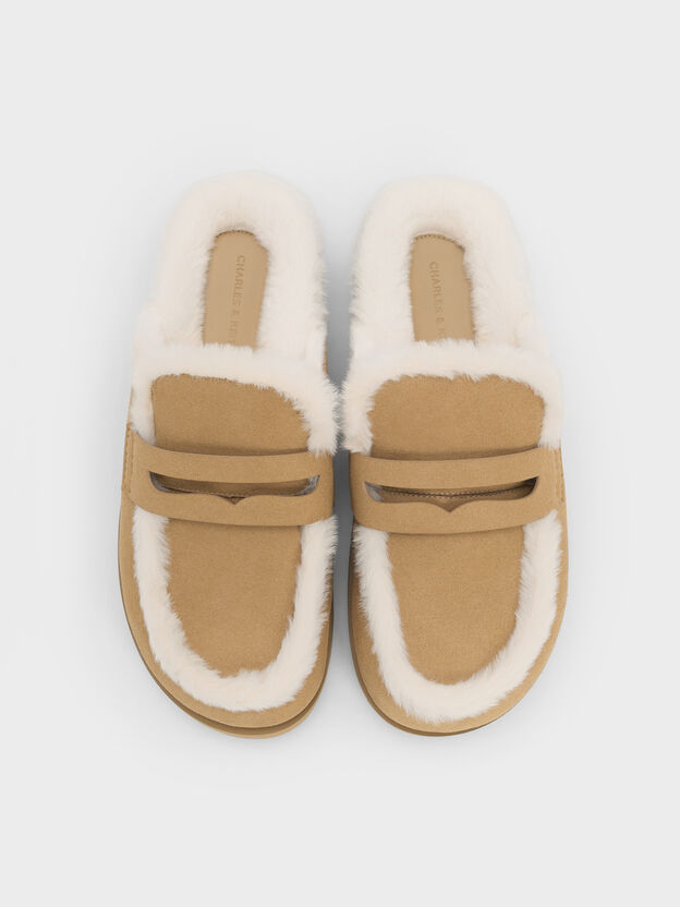 Furry Flatform Mules, Sand, hi-res