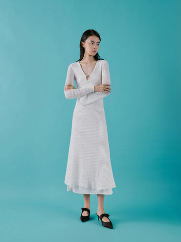 Jayce Dotted Knot-Bow Kitten-Heel Mules, Black Textured, hi-res