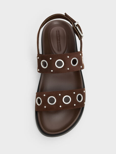 Faux Suede Grommet Slingback Sandals, Dark Brown Textured, hi-res
