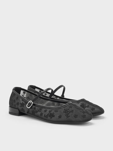 Gertrude Mesh Embroidered Floral Mary Janes, Black2, hi-res