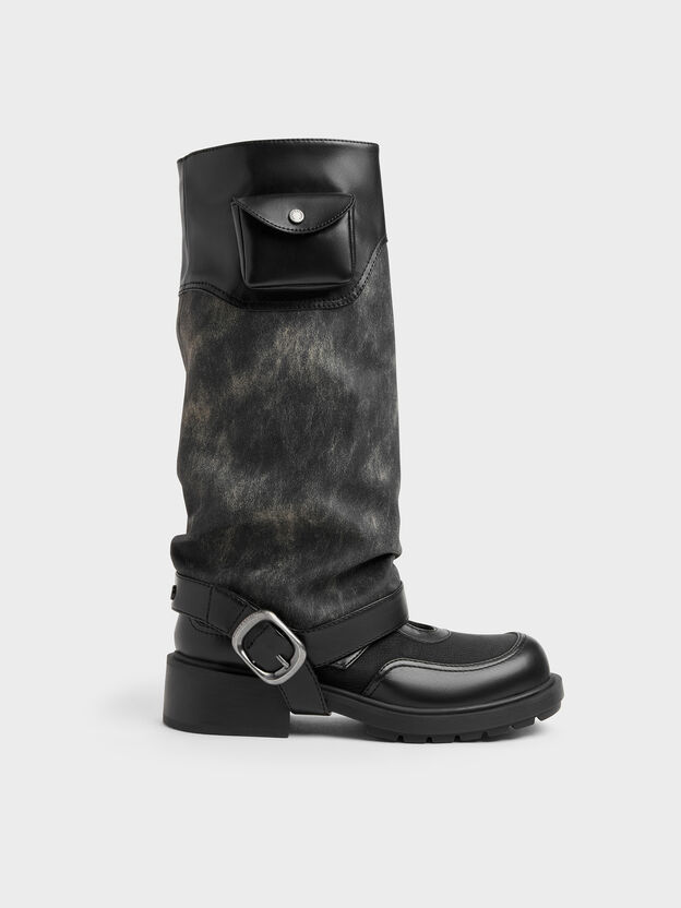Burnished Convertible Ruched Knee-High Boots, Dark Grey, hi-res