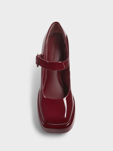 Patent Block-Heel Platform Mary Jane Pumps, Burgundy, hi-res