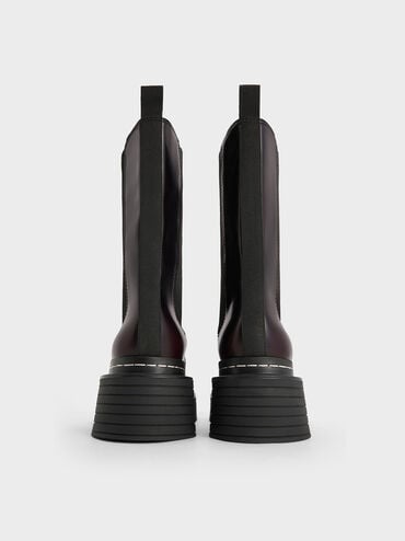 Stitch-Trim Platform Mid-Calf Chelsea Boots, Burgundy, hi-res