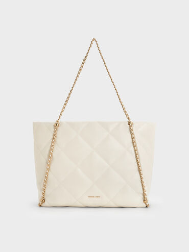 Apfra Quilted Chain-Embellished Tote Bag, Cream, hi-res