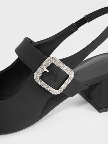 Satin Crystal-Buckle Block-Heel Slingback Pumps, Black Textured, hi-res