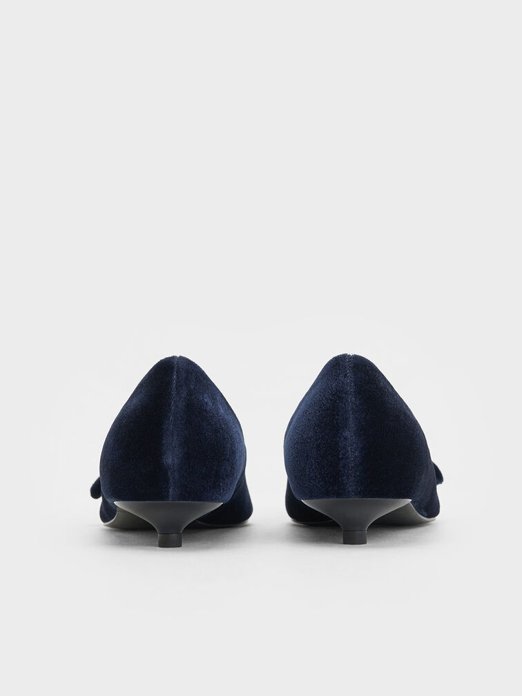 Velvet Bow Pointed-Toe Kitten-Heel Pumps, Dark Blue, hi-res