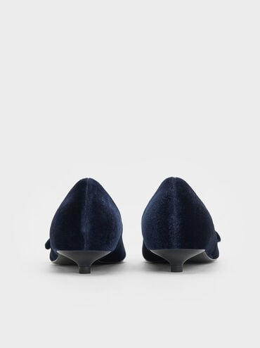 Velvet Bow Pointed-Toe Kitten-Heel Pumps, Dark Blue, hi-res