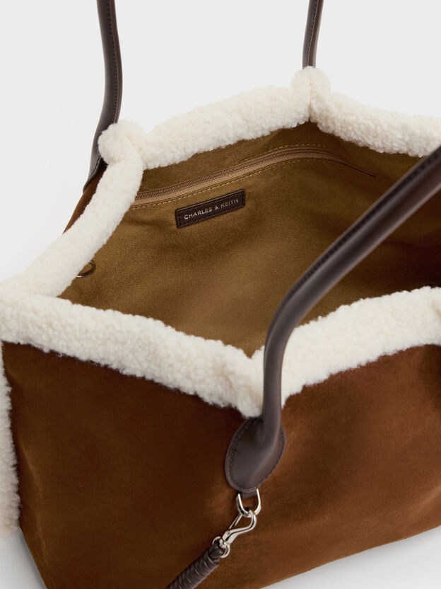 XL Cosima Fur-Trim Tote Bag, Pecan Brown, hi-res
