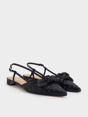 Jayce Dotted Knot-Bow Slingback Flats, Black Textured, hi-res