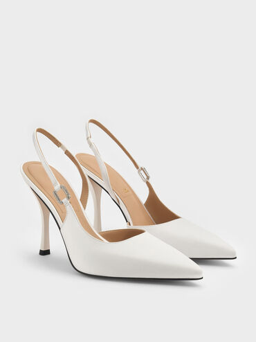 Crystal-Buckle Slingback Pumps, White, hi-res