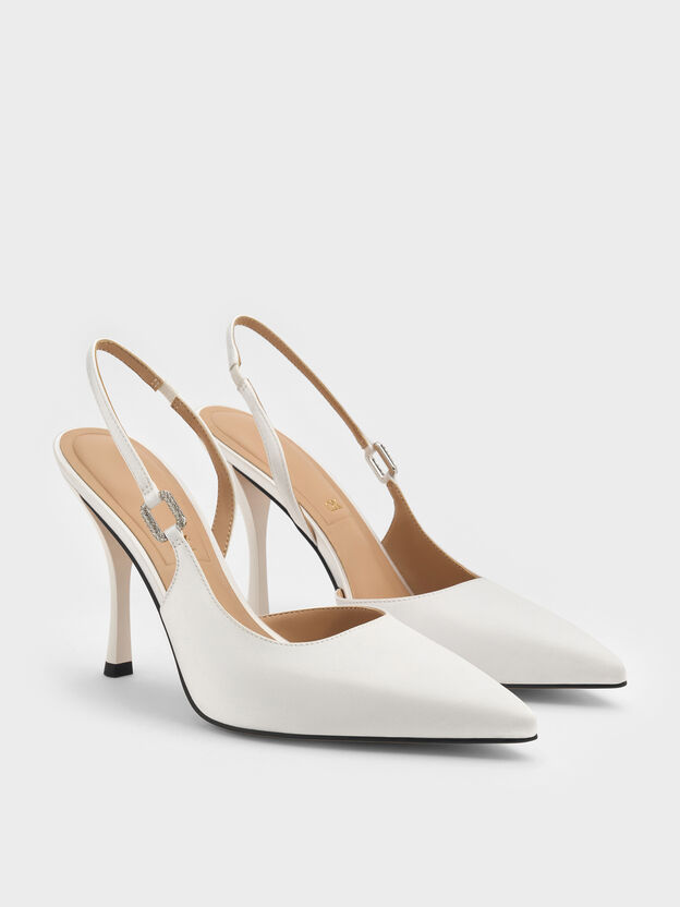 Crystal-Buckle Slingback Pumps, White, hi-res