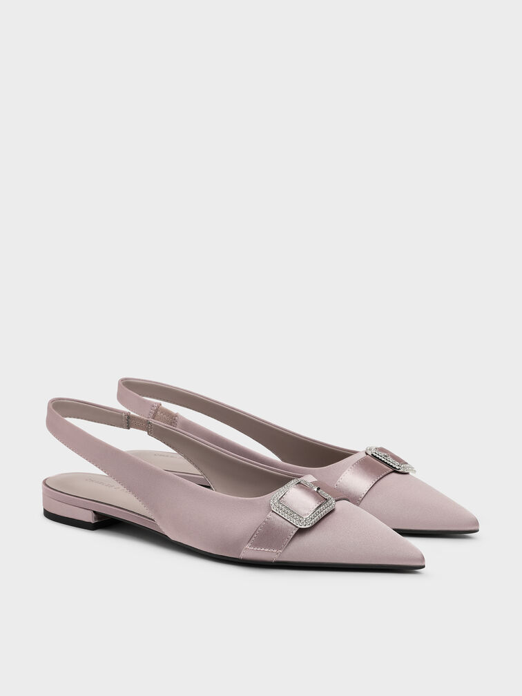 Satin Crystal-Buckle Pointed-Toe Slingback Flats, Mauve, hi-res