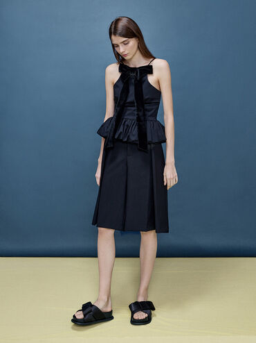 Satin Bow Flatform Sandals, Black Textured, hi-res