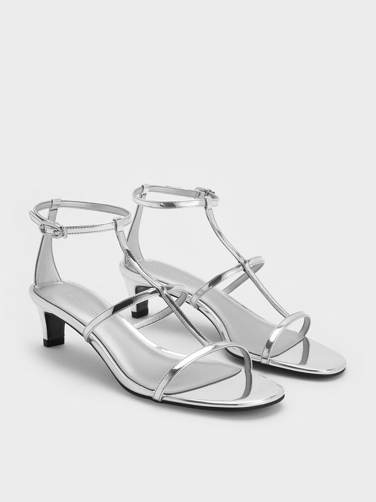 Metallic T-Bar Kitten-Heel Ankle-Strap Sandals, Silver, hi-res