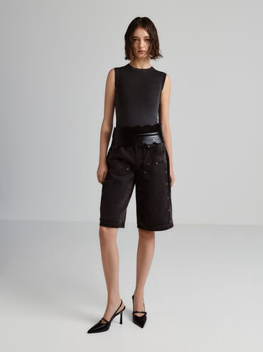 Helena Pearl-Buckle Pointed-Toe Slingback Pumps, Black Box, hi-res