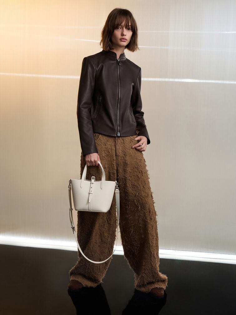 Beryl Recycled Leather Double-Handle Belted Bucket Bag, Cream, hi-res