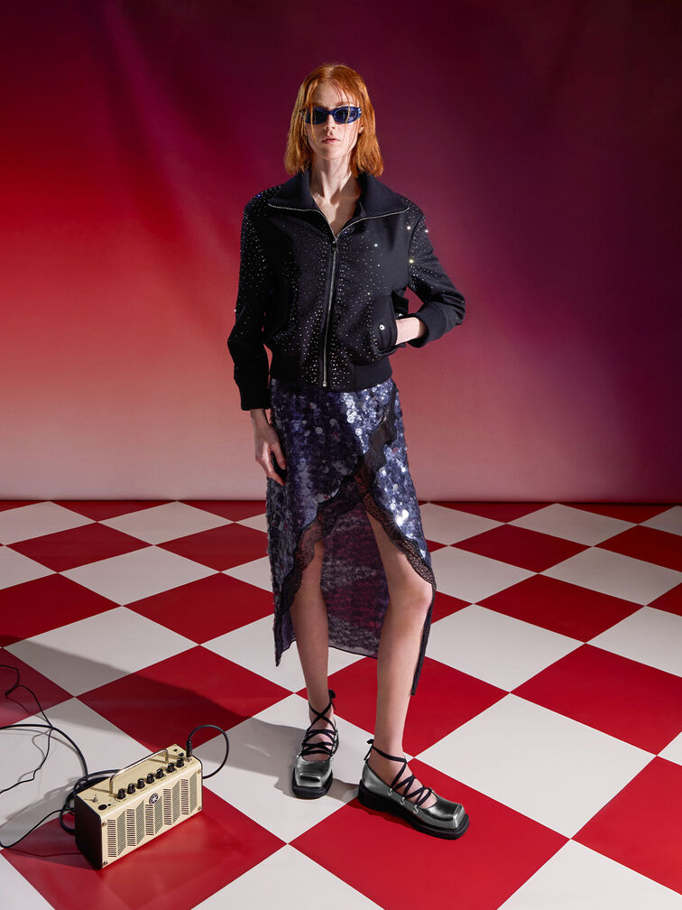 Metallic Heart-Embellished Lace-Up Ballet Flats, Pewter, hi-res